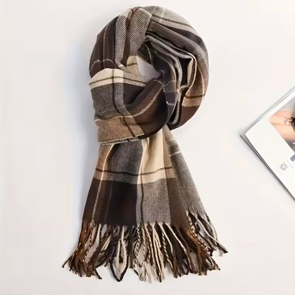 Brown Plaid Large Warm Checked Scarf Shawl Wrap Oversized Soft Winter Gift